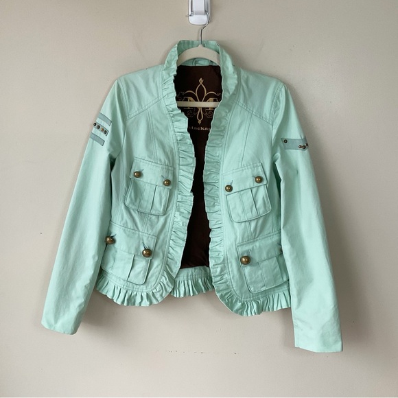 Mackage Ruffled Trim Military Style Utility Jacket in Mint Green Size M - Picture 4 of 14